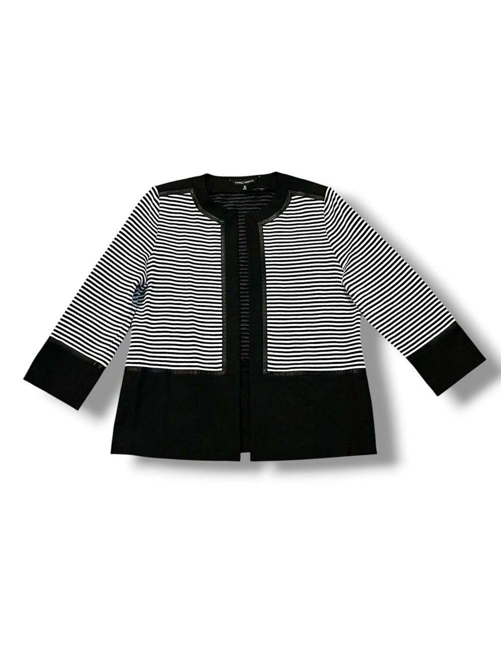 Ming Wang Open Front Jacket Medium Black White Stripes Thick Knit Classic Office